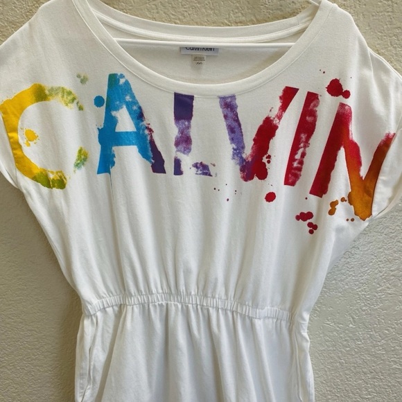 Calvin Klein T-Shirt Dress Rainbow Paint Logo Pockets Cinched Size L - 90’s Vibe - Picture 2 of 6